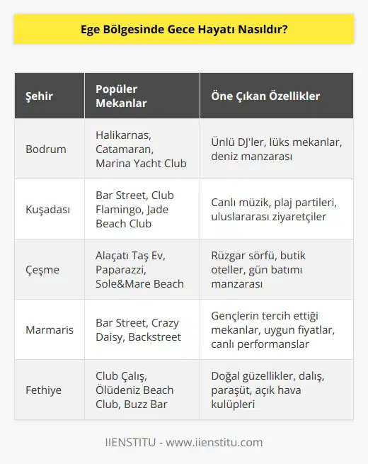 Ege Bölgesinde gece hayatı her şeyden önce, kültürleri, kökenleri ve mekanlarının çok çeşitliliği sayesinde oldukça renkli ve eğlencelidir. Birçok küçük lokal mekanlar, kafeler ve barlar Ege Bölgesinde gece hayatının parçasıdır. Özellikle Bodrum ve Kuşadası gibi popüler tatil beldelerinde gece hayatına katılmak için kalabalık grup halinde gitmek çok popülerdir. Ayrıca, Ege Bölgesindeki mekanlar çoğu zaman canlı müzik ve gösteriler ile öne çıkar. Bu nedenle, Ege Bölgesindeki gece hayatının herkes için çok eğlenceli ve hareketli olduğu söylenebilir.