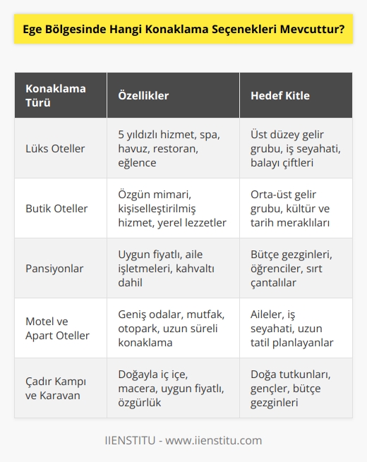 Ege Bölgesinde mevcut olan konaklama seçenekleri arasında lüks oteller, butik oteller, pansiyonlar, motel ve apart oteller yer almaktadır. Ayrıca, çadır kampı ve karavan konaklaması da çok popülerdir.