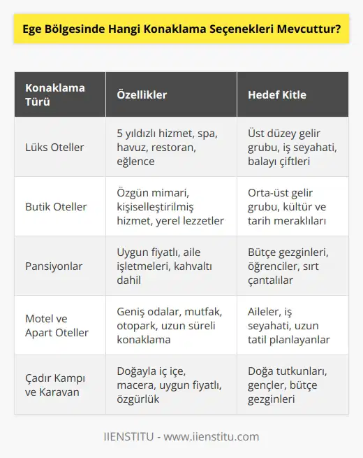 Ege Bölgesinde mevcut olan konaklama seçenekleri arasında lüks oteller, butik oteller, pansiyonlar, motel ve apart oteller yer almaktadır. Ayrıca, çadır kampı ve karavan konaklaması da çok popülerdir.