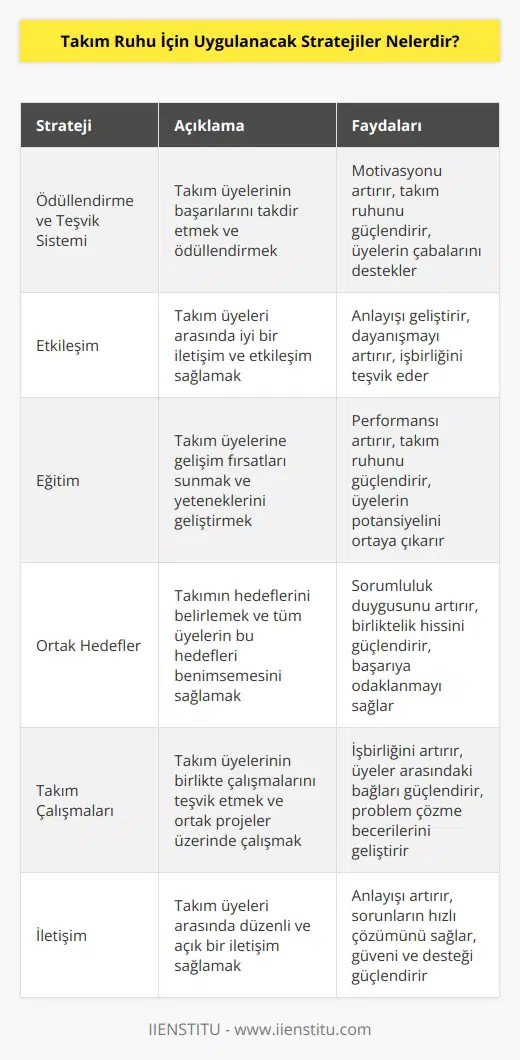 1. Ödüllendirme ve Teşvik Sistemi: Takımın üyelerinin çalışmalarının takdir edilmesi ve ödüllendirilmesi, takım üyelerinin motivasyonunu artıracak ve takım ruhunu güçlendirecek bir stratejidir. 2. Etkileşim: Takım üyelerinin birbirleriyle iyi bir etkileşim kurmasını sağlamak, takım üyelerinin birbirlerini anlamalarını ve birbirlerini desteklemelerini sağlar. 3. Eğitim: Takım üyelerini eğitmek, takım üyelerinin çalışmalarını geliştirmelerine yardımcı olur ve takım ruhunu güçlendirir. 4. Ortak Hedefler: Takımın hedefleri belirlemek ve bunların her üye tarafından kabul edilmesi takım üyelerinin birbirlerine karşı sorumluluklarının arttırılmasını sağlar ve takım ruhunu güçlendirir. 5. Takım Çalışmaları: Takım üyelerinin birlikte çalışmaları, takım üyelerini birbirleriyle daha iyi anlamalarını sağlar ve takım ruhunu güçlendirir. 6. İletişim: Takım üyelerinin birbirleriyle düzenli olarak iletişim kurmaları, takım üyelerinin birbirlerini anlamalarını ve birbirlerine destek olmalarını sağlar.