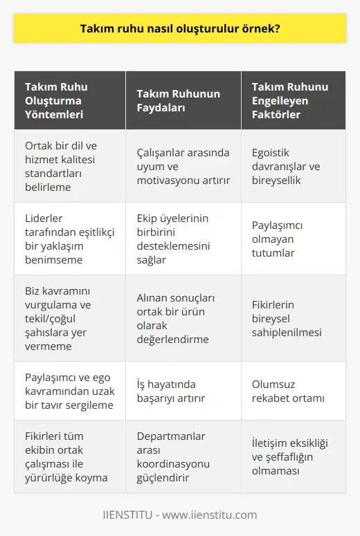 Takım Ruhu ve Başarı İlişkisi İş hayatında başarılı olmada etkisi olan en önemli konu, uyum ve mutluluktur. Özellikle çok çalışanlı kurumlarda herkesin isteğine göre hareket etmek mümkün değildir. Bu nedenle, her iş alanı departmanlara ayrılarak ekipler oluşturulur ve bu ekiplerde takım ruhu bilinciyle hizmet verilmesi amaçlanır. Etkili Takım Ruhu Nasıl Oluşturulur? Takım ruhunun oluşmasında liderler büyük rol oynamaktadır. Liderler, kendi takımlarının çalışma planlarını hem mesleki kurallar, hem de şahsi tecrübelerden yola çıkarak, personelin kullanabileceği ortak bir dil ve hizmet kalitesini artırmayı amaçlar. Özellikle GSM operatörü şirketlerinde, takım ruhunun ve ortak çalışma biçiminin profesyonel bir şekilde uygulandığı görülmektedir. Farklı Departmanlarda Takım Ruhu Oluşturma Bir GSM şirketinde, Destek Merkezi, Kurulum Ekibi, Eğitmen Kadrosu, İnternet Hizmetleri, Telefon Hizmetleri, vb. birçok departmanda ekipler halinde çalışılmakta ve belirli standartlarda hizmet verilmektedir. Bu standartlar ekip çalışmasında takım ruhunu destekleyici nitelikte olan etik ilkeler çerçevesinde düzenlenir ve onaylanır. Takım Ruhunun Mihenk Taşı: Uyum ve Motivasyon Ekip çalışmasında başarılı olmak için psikolojik uyum, zihinsel ve fiziksel anlamda pozitif katılım göstermek çok önemlidir. Takım liderlerinin eşitlikçi bir yaklaşıma sahip olması ve ekip üyelerinin birbirini teşvik eden kişilerden oluşması motivasyonu olumlu yönde etkilemektedir. Ekip çalışmasında takım ruhunun temel unsuru biz kavramıdır ve diğer tekil ve çoğul şahıslara yer yoktur. Ekip Çalışmasında Takım Ruhunu Taşımak Takım ruhunu taşıyabilmek için, paylaşımcı ve ego kavramından uzak bir tavırda olunması gerekmektedir. Alınan olumlu ya da olumsuz her sonuç, ekip çalışmasında takım ruhunun ortak bir ürünü olarak değerlendirilir. Fikirler ise tüm ekibin ortak çalışması ile yürürlüğe girer ve fikir sahibinin biz algısını sürdürmesi gerekir. Sonuç olarak, takım ruhunun oluşması iş hayatındaki başarının önemli bir unsuru olarak gözükürken, bu ruhu taşımak için liderlere ve ekip üyelerine büyük görevler düşmektedir. Eğer takım çalışmasında uyum ve motivasyon sağlanabilirse, başarı doğal olarak gelecektir.