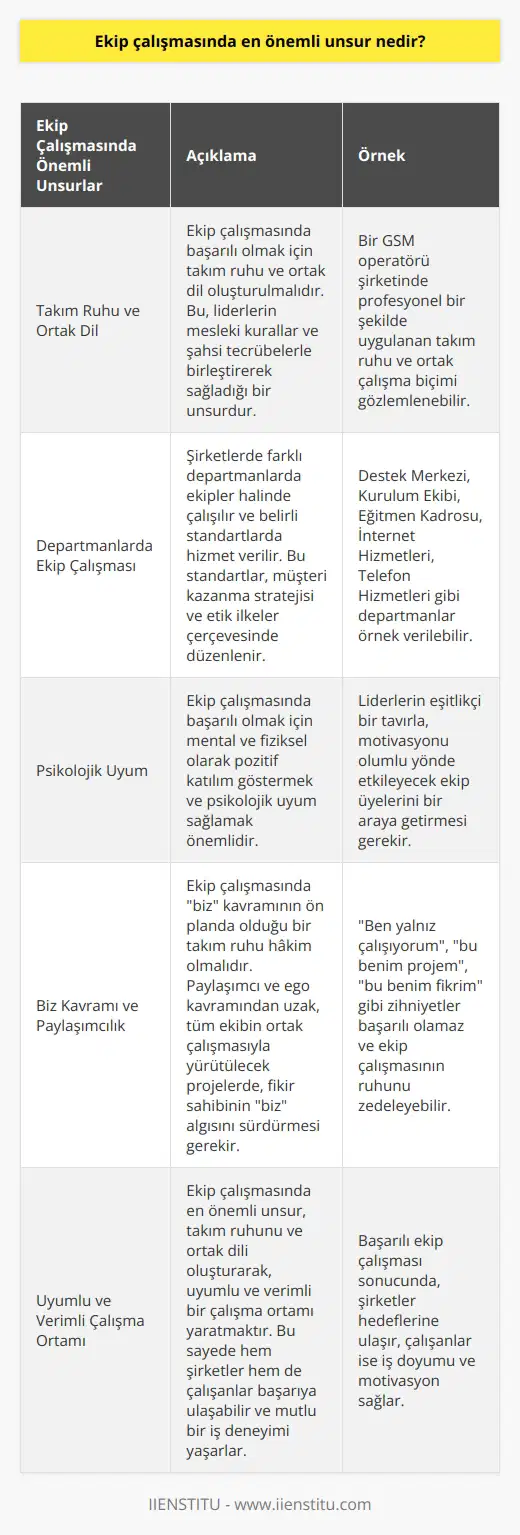 Ekip Çalışmasında Önemli Unsur: Takım Ruhu ve Ortak Dil İş hayatında başarılı olmanın en önemli unsuru uyum ve mutluluktur. Özellikle çok çalışanlı kurumlarda, herkesin isteğine göre hareket etmek mümkün olmadığından, departmanlara ayrılır ve ekip çalışması önem kazanır. Bu durumda, ekip çalışmasında en önemli unsur takım ruhu ve ortak dilin oluşturulmasıdır. Takım Ruhu ve Ortak Dil Oluşturma Ekip çalışmasında takım ruhunun oluşturulmasında liderler büyük rol oynar. Liderler, çalışma planlarını hem mesleki kurallar hem de şahsi tecrübelerle birleştirerek ortak bir dil oluştururlar. Bu ortak dil, hizmet alan kitlenin güven duymasında etkin bir rol oynar. Örneğin, bir GSM operatörü şirketinde profesyonel bir şekilde uygulanan takım ruhu ve ortak çalışma biçimi gözlemlenebilir. Departmanlarda Ekip Çalışması Bir şirkette, Destek Merkezi, Kurulum Ekibi, Eğitmen Kadrosu, İnternet Hizmetleri, Telefon Hizmetleri gibi birçok departmanda ekipler halinde çalışılır ve belirli standartlarda hizmet verilir. Bu standartlar, hem müşteri kazanma stratejisi hem de ekip çalışmasında takım ruhunu destekleyici etik ilkeler çerçevesinde düzenlenir ve onaylanır. Ekip Çalışması ve Psikolojik Uyum Ekip çalışmasında başarılı olmak için, hem mental hem de fiziksel olarak pozitif katılım göstermek ve psikolojik uyum sağlamak oldukça önemlidir. Liderlerin eşitlikçi bir tavırla, motivasyonu olumlu yönde etkileyecek ekip üyelerini bir araya getirmesi gerekir. Biz Kavramı ve Paylaşımcılık Ekip çalışmasında, biz kavramının ön planda olduğu bir takım ruhu hâkim olmalıdır. Paylaşımcı ve ego kavramından uzak, tüm ekibin ortak çalışmasıyla yürütülecek projelerde, fikir sahibinin biz algısını sürdürmesi gerekir. Ben yalnız çalışıyorum, bu benim projem, bu benim fikrim gibi zihniyetler başarılı olamaz ve ekip çalışmasının ruhunu zedeleyebilir. Sonuç olarak, ekip çalışmasında en önemli unsur, takım ruhunu ve ortak dili oluşturarak, uyumlu ve verimli bir çalışma ortamı yaratmaktır. Bu sayede hem şirketler hem de çalışanlar başarıya ulaşabilir ve mutlu bir iş deneyimi yaşarlar.