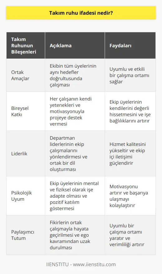 Takım Ruhu İfadesi Nedir ve Başarıya Etkisi İş hayatında başarılı olmak adına, uyum ve mutluluk önemli konulardır. Takım ruhunun ifadesi, ekiplerin ortak amaçlar doğrultusunda hareket etmesi ve her bireyin kendi yetenekleri ve motivasyonu ile katkı sağlamasıdır. Çok çalışanlı kurumlarda herkesin isteğine göre hareket etmek mümkün olmadığından, yapılan işin bütünlüğü adına takım ruhunun sağlanması gerekmektedir. Takım Ruhunun Oluşumu Etkin bir takım ruhu oluşturulan işletmelerde, departmanlar belirli alanlara göre ayrılır ve her departmanda liderler belirlenerek, ekip çalışmaları gerçekleştirilir. Liderler, çalışma planlarını oluştururken, mesleki kurallar ve şahsi tecrübeleri dikkate alarak ortak dil oluşturur. Bu durum, hizmet kalitesinin temel esaslarından biri olan ortak dil olgusunu meydana getirir. Psikolojik Uyum ve Etkileri Ekip çalışmasında takım ruhunu sağlamak adına, psikolojik uyum ve pozitif katılım göstermek önemlidir. Takım liderlerinin eşitlikçi bir yaklaşımda olması, motivasyonu olumlu yönde etkiler. Takım ruhunun mihenk taşı ise biz kavramıdır ve bireysel bir yaklaşıma yer yoktur. Mental ve fiziksel olarak yapılan işe adapte olunmalı, başarılar ve başarısızlıklar ortak ürün olarak kabul edilmelidir. Paylaşımcı ve Ego Kavramından Uzak Tutum Ekip çalışmasında takım ruhunu oluşturan temel faktörlerden bir diğeri, paylaşımcı ve ego kavramından uzak tutumdur. Tüm fikirler, ekibin ortak çalışması ile yürürlüğe girer ve fikir sahibinin de biz algısını sürekli sürdürmesi gerekir. Bireysel ve egoist yaklaşımlar, takım çalışmasında başarıyı engellemekte ve uyum sorunlarına yol açmaktadır. Sonuç olarak, iş hayatında takım ruhunun ifadesi, uyumlu ve mutlu bir çalışma ortamıdır. Takım çalışmasında her birey, yeteneklerini ve motivasyonunu kullanarak başarıya katkı sağlar. Bu durum, iş verimliliğini arttırarak şirketin başarı ve rekabet düzeyini yükseltir.
