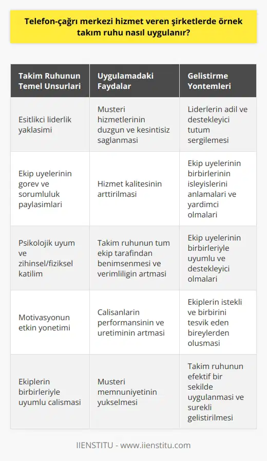 Telefon-çağrı merkezi hizmet veren şirketlerde, örnek takım ruhu uygulanması başarılı bir işleyişin temelini oluşturur. Takım ruhu; ekip üyelerinin işi bireysel olarak değil, bir ekip olarak gerçekleştirme anlayışına dayanır. Burada, takım liderlerinin eşitlikçi bir yaklaşım sergilemesi önemlidir. Bu tutum, müşteri hizmetlerinin düzgün ve kesintisiz bir şekilde sağlanmasına yardımcı olur. Ekiplerin hizmet kalitesini yükseltebilmek için, işlerinin gerekliliklerini anlamaları ve bunlara göre hareket etmeleri gereklidir. Her bir ekip üyesi, kendi görevinin yanı sıra, diğer bölümlerin işleyişlerini de anlamalı ve bu şekilde birbirlerine yardımcı olabilmelidirler. Bu süreç, psikolojik uyumun yanı sıra zihinsel ve fiziksel katılımı da gerektirir. Bu sayede, takım ruhu tüm ekip tarafından benimsenir ve işleyiş daha verimli bir hale gelir. Bir diğer önemli nokta ise motivasyondur. Motivasyon; çalışanların performansını ve üretimini artıran bir faktördür. Bu sebeple, ekip çalışmasının önemli bir parçası olan motivasyon, etkin bir şekilde yönetilmelidir. İş yerlerinde ekiplerin motivasyonu, istekli ve birbirini teşvik eden bireylerden oluşması ile olumlu yönde etkilenir. Bu da, takım ruhunun gelişmesinde büyük bir rol oynamaktadır. Sonuç olarak, telefon-çağrı merkezi hizmet veren şirketlerde örnek takım ruhu, ekiplerin birbirleriyle uyum içinde çalışmalarını sağlar. Bu uyum, hizmet kalitesini artırır ve müşteri memnuniyetini yükseltir. Bu nedenle, takım ruhunun efektif bir şekilde uygulanması gerekmektedir.