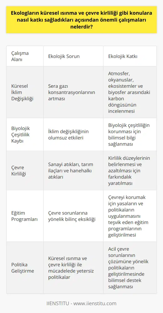 Ekologların Küresel Isınma ve Çevre Kirliliği Konularındaki Çalışmaları Küresel ısınma ve çevre kirliliği gibi yıkıcı çevre problemlerini çözmeye yönelik çalışmaların merkezinde ekologlar bulunur. Akademik açıdan bakıldığında, ekologların en önemli çalışmalarından biri küresel iklim değişikliği, doğal kaynakların tükenmesi ve hayvan türlerinin yok olması gibi acil çevresel sorunları belirlemek ve çözüm önerileri geliştirmektir. Küresel Isınmayla Mücadelede Ekologların Rolü Ekologlar, atmosferdeki sera gazı konsantrasyonlarını ve bu gazların dünya iklimi üzerindeki etkilerini incelerken, atmosfer, okyanuslar, ekosistemler ve biyosfer arasındaki karbon döngüsü hakkında daha geniş bilgiler edinirler. Aynı zamanda, iklim değişikliğinin dünya üzerindeki biyolojik çeşitlilik üzerindeki olumsuz etkisini de belirlerler. Bu çalışmalar, politika belirleyicilere ve karar alıcılara, iklim değişikliğiyle daha etkili bir şekilde başa çıkmak için gereken bilimsel bilgiyi sağlar. Ekolojik Çevre Kirliliğinde Ekologların Katkısı Ekoloji alanında yapılan araştırmalar, ekosistemlerin sağlık durumunu etkileyen çevre kirliliğinin türlerini ve magnitüdünü belirler. Çeşitli araştırmalar, özellikle sanayi atıkları, tarım ilaçları ve hanehalkı atıklarının potansiyel etkileri üzerinde durur. Ayrıca, kirlilik düzeylerinin azaltılması için farkındalık yaratma ve çevreyi korumak için yasaların ve politikaların uygulanmasını teşvik etmeye yönelik eğitim programları geliştirirler. Sonuç olarak, ekologların çalışmaları, küresel ısınma ve çevre kirliliği gibi acil çevre sorunlarının anlaşılmasında ve bu sorunların çözümüne yönelik politikaların geliştirilmesinde oldukça kritiktir. Böylelikle, bu çalışmalar dünyamızın gelecekte karşılaşacağı çevre felaketlerinden korunmasında büyük önem taşır.