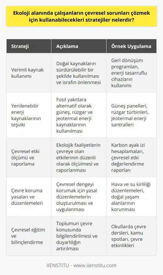 1. Çevreyi korumak için verimli kaynak kullanımını teşvik etmek.  2. Sürdürülebilir üretim ve tüketim sistemlerinin geliştirilmesi.  3. Daha fazla yenilenebilir enerji kaynaklarının kullanılması.  4. Çevresel etkilerin ölçümü ve raporlanması.  5. Çevresel denge ile ilgili kuralların ve yasaların kurulması.  6. Maddi ve manevi ödüllerin teşvik edilmesi.  7. Çevresel eğitim ve bilinçlendirme programlarının geliştirilmesi.  8. Doğal kaynakların korunması ve yeniden kullanılması.  9. Çevresel çalışmaların yönetim ve kontrol altına alınması.  10. Teknolojinin çevresel etkilerin azaltılması için kullanılması.