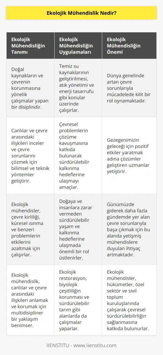Ekolojik Mühendislik: Çevre Sorunlarına Çözüm Arayışı  Ekolojik    ve neden önemlidir? Günümüzde dünya gezegeni, çevre felaketleri ve kirlilik gibi birçok sorunla karşı karşıya bulunmaktadır. Bu nedenle, insanlar ekoloji disiplini ve onunla ilgili kavramlarla daha fazla ilgilenmeye başlamışlardır. Bu bağlamda, ekolojik mühendislik gibi alanlar büyük bir öneme sahip olmaktadır.  Ekolojik mühendislik, doğal kaynakların ve çevrenin korunmasına yönelik çalışmalar yapan bir disiplindir. Bu disiplin, canlılar ve çevre arasındaki ilişkileri incelerken, aynı zamanda çevre sorunlarını çözmek için bilimsel ve teknik yöntemler geliştirmeye odaklanmaktadır. Ekolojik mühendisler, çevre kirliliği, küresel ısınma ve benzeri problemlerin etkilerini azaltmak için çalışmaktadırlar.  Ekolojik Mühendislik Uygulamaları: Sürdürülebilir Kalkınma İçin Çözümler  Ekolojik mühendislik uygulamaları, sürdürülebilir kalkınma hedeflerine ulaşmak için çevre ve canlılar arasındaki ilişkilerin iyileştirilmesine yöneliktir. Bu alanda çalışan mühendisler, temiz su kaynaklarının geliştirilmesi, atık yönetimi ve enerji tasarrufu gibi konular üzerinde çalışarak çevresel problemlerin çözüme kavuşmasına katkıda bulunmaktadırlar.  Ekolojik Mühendislik Kariyer Seçenekleri: Gezegenimiz İçin Önemli Bir Meslek  Ekolojik mühendislik alanında çalışan profesyonellerin önemi, dünya genelinde artmaktadır. Özellikle çevre sorunlarının giderek daha fazla gündemde yer aldığı günümüzde, bu alanda yetişmiş mühendislere duyulan ihtiyaç giderek artmaktadır. Ekolojik mühendisler, hükümetler ve özel sektörde çalışarak, doğaya ve insanlara zarar vermeden sürdürülebilir yaşam ve kalkınma hedeflerine ulaşmada önemli bir rol üstlenmektedirler.  Sonuç olarak, ekolojik mühendislik, dünyamızın karşı karşıya olduğu çevresel sorunlarla baş etmek ve sürdürülebilir yaşam hedeflerini gerçekleştirmek için gerekli bilgi ve becerilere sahip uzmanlar yetiştiren önemli bir disiplindir. Bu alanda çalışan mühendisler, gezegenimizin geleceği için pozitif etkiler yaratmak adına, teknik bilgilerini ve çevre bilincini kullanarak çözümler geliştirmektedirler.