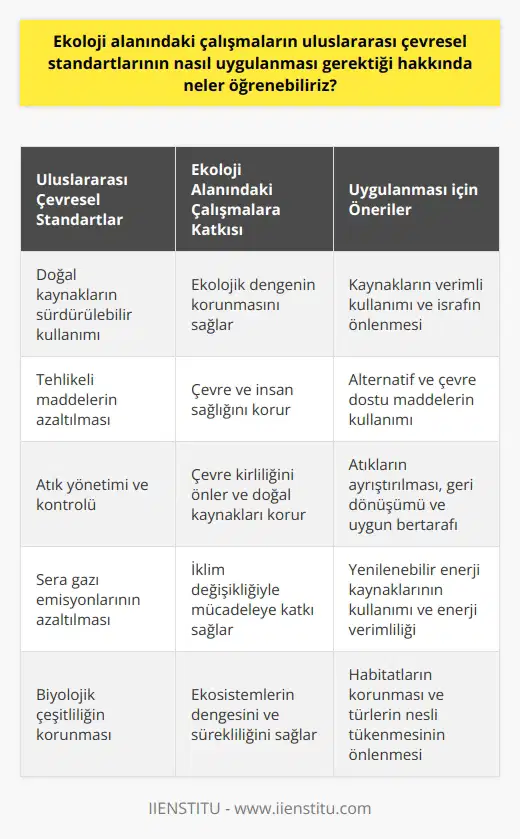 Uluslararası çevresel standartlar, çevre kirliliği ve çevre koruma konularında ekoloji alanında çalışmalara çok önemli bir katkı sağlayabilir. Bu standartlar, ekoloji alanında çalışanların ve çevre kirliliğiyle mücadele etmeye çalışan firmaların, çevresel etkileri azaltma ve çevre kirliliğini önleme konularında ne yapmaları gerektiğini anlamalarına yardımcı olabilir. Bu standartlar, insanların doğal kaynakları kullanma, çevredeki tehlikeli maddeleri azaltma ve atıkların kontrolünü sağlama gibi önemli konulara odaklanmalarını sağlayabilir. Ekoloji alanında çalışanlar bu standartların nasıl uygulanması gerektiğini öğrenmek için uluslararası çevresel kuralları inceleyebilirler. Ayrıca, çevre koruma ve çevre kirliliğiyle mücadele konusunda eğitim almak da yardımcı olabilir.