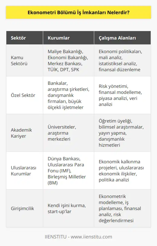 Bu bölüm sayısal bir içeriğe sahip olmasından dolayı geniş iş imkanlarına sahiptir. Kamu sektöründe başta Maliye ve Ekonomi bakanlıkları, Merkez Bankası, TÜİK, DTP, SPK vb. de çalışabilirler. Akademik kariyer yapabilmenin yanında AR-GE faaliyetleri, planlama, bütçe, muhasebe vb. alanlarında çalışabilirler.