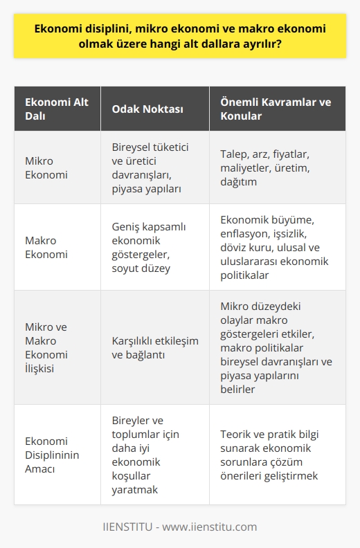 Mikro Ekonomi ve Makro Ekonomi: Ekonomi Disiplininin Alt Dalları  Ekonomi disiplini, temel olarak mikro ekonomi ve makro ekonomi olmak üzere iki alt dala ayrılır. Bu iki alan, ekonominin farklı yönlerini ele alarak, ekonomik süreçleri ve mekanizmaları daha iyi anlamamıza yardımcı olur.  Mikro Ekonomi: Bireysel Kararlar ve Piyasa Yapıları  Mikro ekonomi, bireysel tüketici ve üretici davranışlarını ve bu davranışların piyasa yapıları üzerindeki etkilerini inceleyen ekonomi disiplininin bir alt dalıdır. Bu alan, talep ve arz gibi temel kavramlara odaklanarak, günlük yaşamımızdaki ekonomik sorunları anlamamıza ve çözüm önerileri sunmamıza yardımcı olur. Ayrıca, fiyatlar, maliyetler, üretim ve dağıtım gibi konuları da kapsar.  Makro Ekonomi: Geniş Kapsamlı Ekonomik Göstergeler ve Politikalar  Makro ekonomi ise ekonominin geniş kapsamlı göstergelerini, soyut düzeyde ele alarak, ekonomik büyüme, enflasyon, işsizlik ve döviz kuru gibi makroekonomik değişkenler üzerine çalışır. Bu alan, ulusal ve    politikalarının nasıl uygulanacağı ve ekonomik hedeflere ulaşmak için neler yapılması gerektiği konularında önemli bilgiler sunar.  İlişki ve Karşılıklı Etkileşim  Mikro ekonomi ve makro ekonomi birbirleriyle sıkı bir şekilde bağlantılıdır ve karşılıklı etkileşim içerisindedir. Mikro düzeyde yaşanan olaylar ve bireysel tercihler, makro düzeydeki ekonomik göstergeleri etkilerken, makro ekonomik politikalar da bireysel tüketici ve üretici davranışlarını ve piyasa yapılarını belirlemektedir.  Sonuç olarak, ekonomi disiplininin mikro ekonomi ve makro ekonomi olmak üzere iki ana alt dalı vardır. Bu iki alan, ekonominin farklı boyutlarını ele alarak, bireyler ve toplumlar için daha iyi ekonomik koşullar yaratmayı amaçlar ve bu konuda teorik ve pratik bilgi sunar.