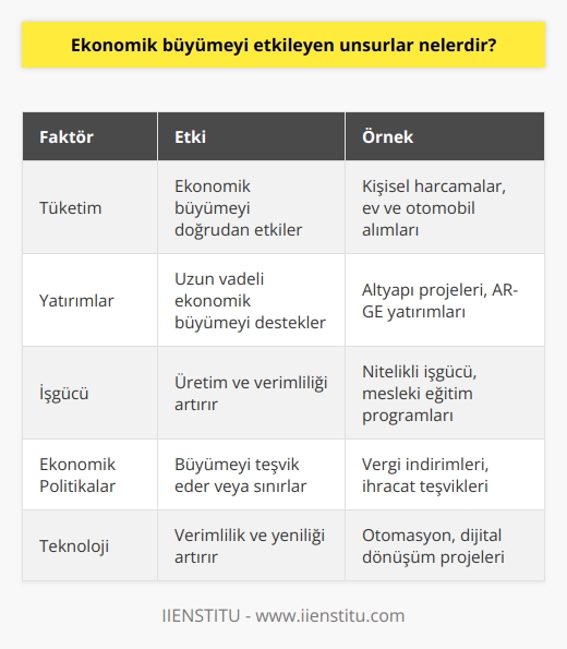 1. Tüketim: Bir ülkenin ekonomik büyümesini etkileyen en önemli faktörlerden biri olan tüketim, kişilerin kendilerine, çevrelerine ve ülkelerine olan harcama yapma eğilimidir. 2. Yatırımlar: Ülkeler, girişimciler ve kişiler tarafından yapılan yatırımlar, ekonomik büyümeyi destekleyen önemli bir etkendir. 3. İşgücü: İşgücü, üretimin artmasının ve ekonomik büyümenin temel taşıdır. 4. Ekonomik Politikalar: Ekonomik politikalar, ekonomik büyümeyi desteklemek için çeşitli vergiler, teşvikler veya uygulamalar aracılığıyla yürütülen stratejilerdir. 5. Teknoloji: Teknoloji, ekonomik büyümeyi ilerletmek için geliştirilen yenilikler aracılığıyla, üretim ve tüketimin artmasını desteklemektedir. 6. Ticaret: Ülkeler arası ticaret, ülkelerin ihracatını arttırarak, ekonomik büyümeyi hızlandırmak için kullanılan önemli bir araçtır. 7. Finansal Sistem: Finansal sistem, ekonomik büyümeyi desteklemek için fon sağlayan ve ülkelerin para birimlerinin değerini korumak için önemli bir unsur olarak kabul edilir.