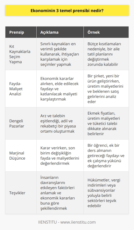 Ekonominin temel prensipleri üzerine yapılan araştırmalar, bu alandaki kavramları ve işleyişleri çözümlemeye yardımcı olan prensipleri ortaya koyar. Ekonominin üç temel prensibini şu başlıklar altında inceleyebiliriz: kıt kaynaklarla seçim yapma, fayda maliyet analizi ve dengeli pazarlar. Kıt Kaynaklarla Seçim Yapma İlk prensip kıt kaynaklarla seçim yapmayı ifade eder. Ekonominin temelinde kaynakların kıtlığı ve insanların sınırsız ihtiyaçları bulunur. Böyle bir durumda, üreticiler ve tüketiciler, kullanılabilir kaynakları en etkili ve verimli şekilde kullanarak seçimlerini yapmak zorundadır. Bu prensip, bireyler ve toplumlar için en önemli kararları alırken dikkate alınması gereken bir temel ilkedir. Fayda-Maliyet Analizi İkinci temel prensip olan fayda-maliyet analizi, bireylerin ve işletmelerin yapacakları yatırımlar, tüketim ve üretim süreçleri ile ilgili seçimlerde bulunurken, elde edecekleri fayda ile yapacakları maliyete göre hareket etmelerini gerekli kılmasıdır. Bu analiz, tüm ekonomik faaliyetlerde maliyetin en aza indirgenerek, elde edilecek faydanın en yüksek seviyeye çıkarılmasıyla gerçekleştirilir. Dengeli Pazarlar Ekonominin üçüncü temel prensibi olan dengeli pazarlar, üreticilerin ve tüketicilerin talepleri ve beklentileri doğrultusunda rasyonel bir denge sağlamak amacıyla kurulmuştur. Pazarda arz ve talep dengesi, ürün ve hizmet fiyatlarının belirlenmesinde ve tüketimi teşvik ederek ekonomik büyümeyi sürdürmekte kritik bir rol oynar. Dengeli pazarlar, üreticiler ve tüketiciler arasında adil ve rekabetçi bir ortamın sağlanmasına katkıda bulunur. Sonuç olarak, ekonominin üç temel prensibinin; kıt kaynaklarla seçim yapma, fayda-maliyet analizi ve dengeli pazarlar olduğunu söyleyebiliriz. Bu prensipler doğrultusunda yapılan ekonomik faaliyetler ve alınan kararlar, bireysel ve toplumsal düzeyde refah seviyesini arttırmayı ve ekonomik büyümeyi desteklemeyi amaçlar.