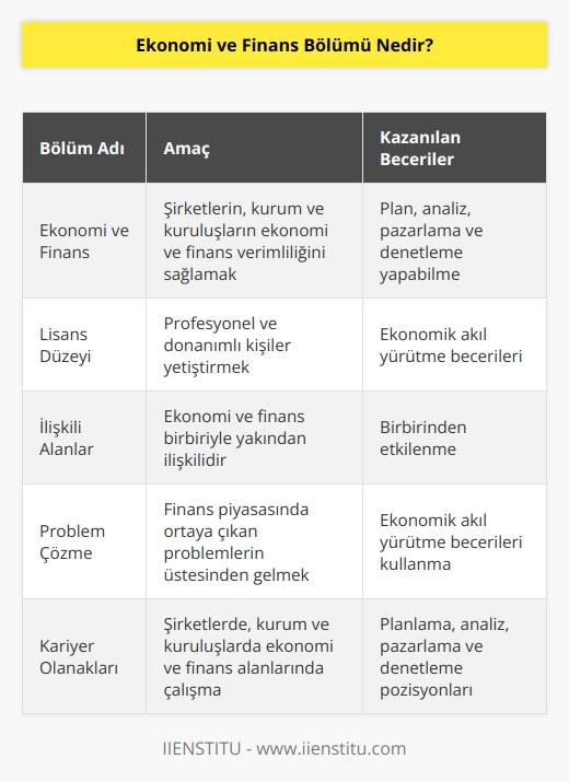 Ekonomi ve finans bölümü, şirketlerin, kurum ve kuruluşların ekonomi ve finans verimliliğini sağlamak üzere, plan, analiz, pazarlama ve denetleme yapabilen profesyonel ve donanımlı kişiler yetiştirilmesini hedefleyen lisans bölümüdür. Ekonomi ve finans birbiriyle yakından ilişkilidir ve birbirinden etkilenir. Ekonomik akıl yürütme becerileri ile finans piyasasında ortaya çıkan problemlerin üstesinden gelmek mümkündür.