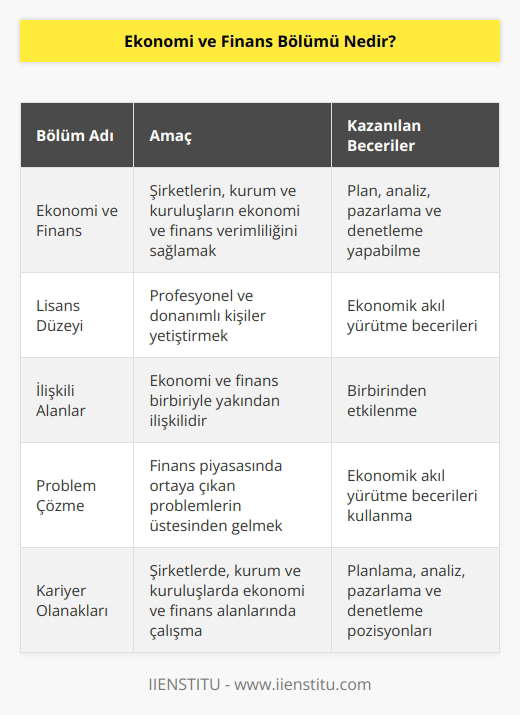 Ekonomi ve finans bölümü, şirketlerin, kurum ve kuruluşların ekonomi ve finans verimliliğini sağlamak üzere, plan, analiz, pazarlama ve denetleme yapabilen profesyonel ve donanımlı kişiler yetiştirilmesini hedefleyen lisans bölümüdür. Ekonomi ve finans birbiriyle yakından ilişkilidir ve birbirinden etkilenir. Ekonomik akıl yürütme becerileri ile finans piyasasında ortaya çıkan problemlerin üstesinden gelmek mümkündür.
