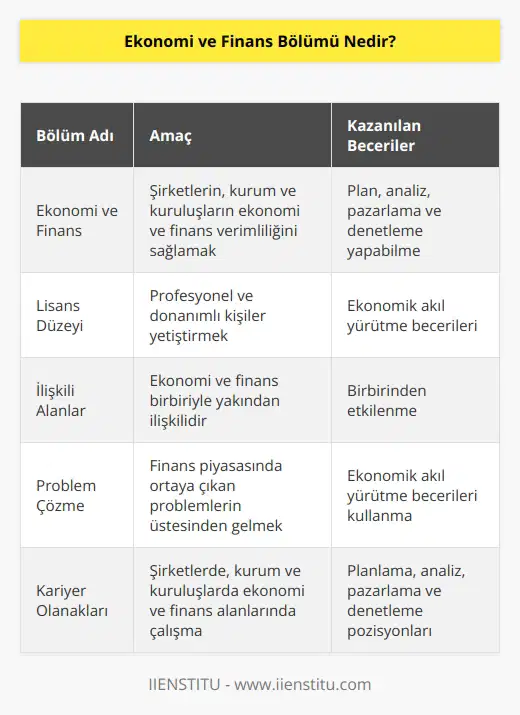 Ekonomi ve finans bölümü, şirketlerin, kurum ve kuruluşların ekonomi ve finans verimliliğini sağlamak üzere, plan, analiz, pazarlama ve denetleme yapabilen profesyonel ve donanımlı kişiler yetiştirilmesini hedefleyen lisans bölümüdür. Ekonomi ve finans birbiriyle yakından ilişkilidir ve birbirinden etkilenir. Ekonomik akıl yürütme becerileri ile finans piyasasında ortaya çıkan problemlerin üstesinden gelmek mümkündür.