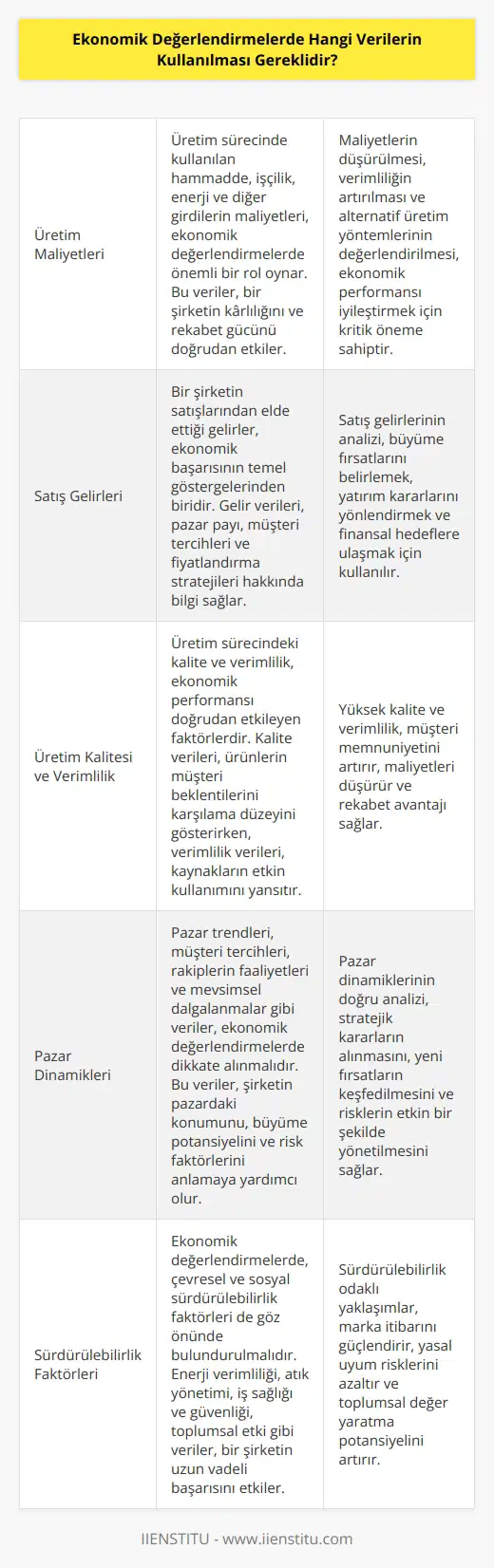 Ekonomik değerlendirmelerde kullanılabilecek veriler arasında üretim maliyetleri, satış gelirleri, üretim kalitesi, çalışan verimliliği, üretim süresi, satışların yıllık dalgalanması, pazarlama harcama ve vergiler, üretim faaliyetlerinin etkisi, ürün kalitesi, ürün çeşitliliği, ürün kullanımı, ürün satışları, sermaye ve çalışanların sağlığı, güvenlik ve çevre gibi veriler sayılabilir.