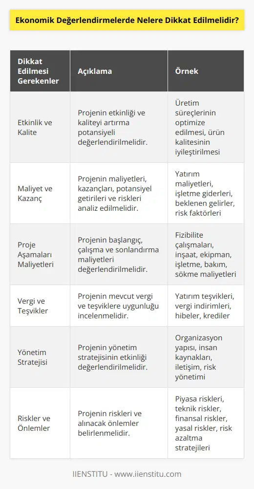 1. Etkinlik ve kalite: Ekonomik değerlendirmeler, etkinliği ve kaliteyi arttırma potansiyeli olan proje veya programların seçimine yardımcı olmak için yapılır. 2. Maliyet ve kazanç: Ekonomik değerlendirmeler, çalışmanın maliyetlerinin ve kazanımlarının, potansiyel getirilerinin ve risklerinin değerlendirilmesini içerir. 3. Başlangıç, çalışma ve sonlandırma maliyetleri: Ekonomik değerlendirmeler, projenin başlangıç, çalışma ve sonlandırma maliyetlerini değerlendirmesine yardımcı olur. 4. Vergi ve teşvikler: Ekonomik değerlendirmeler, proje veya programın mevcut vergi ve teşvikleri için uygunluğunu değerlendirmesine yardımcı olur. 5. Yönetim: Ekonomik değerlendirmeler, projenin yönetim stratejisinin etkinliğini değerlendirmesine yardımcı olur. 6. Risk ve önlemler: Ekonomik değerlendirmeler, projenin risklerini ve önlemleri değerlendirmesine yardımcı olur.