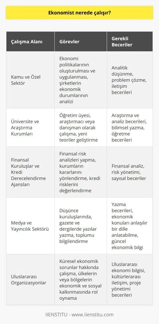 Ekonomistlerin Çalışma Alanları   Ekonomistler, öncelikle kamu ve özel sektörde çok çeşitli alanlarda çalışma fırsatına sahiptir. Kamu sektöründe, ekonomistler devletin ekonomi politikalarının oluşturulması ve uygulanmasında görev alır. Özel sektörde ise, şirketlerin ekonomik durumlarını analiz ederek, finansal hedeflere ulaşmalarına katkı sağlarlar.  Üniversite ve Araştırma Kurumlarında Görev  Ekonomistler, üniversite ve araştırma kurumlarında öğretim üyesi, araştırmacı veya danışman olarak çalışabilirler. Bu alanda çalışan ekonomistler, makro ve mikro ekonomi, para politikaları, uluslararası ticaret gibi konularda yeni teoriler geliştirerek ekonomik bilgi birikimine katkı sağlarlar.  Finansal Kuruluşlar ve Kredi Derecelendirme Ajansları  Ekonomistler, bankalar, yatırım şirketleri, sigorta firmaları gibi finansal kuruluşlarda istihdam edilir. Bu tür kuruluşlarda çalışan ekonomistler, finansal risk analizleri yaparak, kurumların kararlarını yönlendirir. Ayrıca kredi derecelendirme ajanslarında ekonomistler, ülkeler ve şirketlerin kredi risklerini değerlendirir.  Medya ve Yayıncılık Sektöründe Faaliyet Gösterme  Ekonomistler, medya ve yayıncılık sektöründe düşünce kuruluşlarında, gazete ve dergilerde yazılarıyla bilgi paylaşarak toplumu bilgilendirebilirler. Bu tür çalışanlar, ekonomik konuları güncel ve kolay anlaşılır bir dilde anlatarak, ekonomik konular hakkında toplumun fikir sahibi olmasını sağlar.  Uluslararası Organizasyonlarda Çalışma İmkanı  Ekonomistler, Birleşmiş Milletler, Dünya Bankası, Uluslararası Para Fonu gibi uluslararası organizasyonlarda görev alarak, küresel ekonomik sorunlar hakkında çalışabilirler. Bu tür görevlerde, ekonomistler bir ülkenin veya bölgenin ekonomik ve sosyal kalkınmasında belirleyici bir rol oynarlar.  Sonuç olarak, ekonomistlerin çalışma alanları oldukça çeşitlidir ve bu alanlarda kariyer yapmak isteyen kişiler, kendilerine uygun bir meslek grubunda faaliyet gösterebilirler. Başarılı bir ekonomist olmak için, sürekli gelişim ve güncel ekonomik konulara hakim olma yönünde çaba göstermek gerekmektedir.