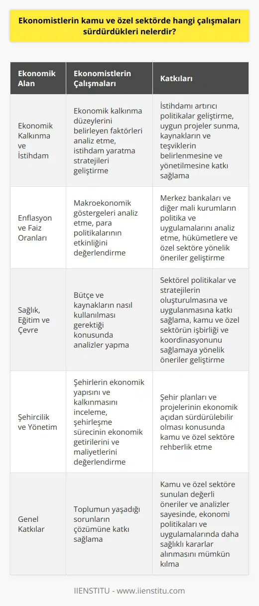 Ekonomistlerin Kamu ve Özel Sektördeki Çalışmaları  Ekonomistler, diğer adıyla iktisatçılar, televizyon ve internet ortamlarının dışında kamu ve özel sektörlerde de önemli çalışmalar yürütürler. Bu çalışmaların birçoğu, ekonomik kalkınma, istihdam, enflasyon ve faiz oranları gibi konularda gerçekleştirilmektedir. Aynı zamanda ekonomistler, sağlık, eğitim, çevre, şehircilik gibi alanlarda karar alınmasına yardımcı olmaktadırlar. Bu yazıda, ekonomistlerin bu alanlardaki çalışmalarını inceleyeceğiz.  Ekonomik Kalkınma ve İstihdam  Ekonomistler, ülkelerin ekonomik kalkınma düzeylerini belirleyen faktörleri analiz ederek, özellikle istihdam yaratma konusunda stratejiler geliştirirler. Bu süreçte, istihdamı artırıcı politikalar geliştirmekte ve kamu ve özel sektöre uygun projeler sunmaktadırlar. Aynı zamanda, ekonomik kalkınma için gerekli olan kaynakların ve teşviklerin belirlenmesine ve yönetilmesine de katkı sağlarlar.  Enflasyon ve Faiz Oranları  Ekonomistler, enflasyon ve faiz oranları gibi makroekonomik göstergeleri analiz ederek, para politikalarının etkinliğini değerlendirirler. Bu noktada, merkez bankaları ve diğer mali kurumların politika ve uygulamalarını analiz ederken, hükümetlere ve özel sektöre yönelik öneriler geliştirerek, uygun mali kararlar alınmasına yardımcı olurlar.  Sağlık, Eğitim ve Çevre  Ekonomistler, sağlık, eğitim ve çevre gibi sosyal konularda da önemli çalışmalar yaparlar. Bu alanlarda, bütçe ve kaynakların nasıl kullanılması gerektiği konusunda analizler yaparak, sektörel politikalar ve stratejilerin oluşturulmasına ve uygulanmasına katkı sağlarlar. Ayrıca, bu konularda kamu ve özel sektörün işbirliği ve koordinasyonunu sağlamaya yönelik öneriler geliştirerek, daha etkin ve verimli çalışmaların yapılmasını desteklerler.  Şehircilik ve Yönetim  Ekonomistler ayrıca şehircilik ve yönetim alanlarında da değerli çalışmalar yürütürler. Şehirlerin ekonomik yapısını ve kalkınmasını incelerken, şehirleşme sürecinin ekonomik getirilerini ve maliyetlerini değerlendirirler. Yapılan bu analizler sayesinde, şehir planları ve projelerinin ekonomik açıdan sürdürülebilir olması konusunda kamu ve özel sektöre rehberlik ederler.  Sonuç olarak, ekonomistler, ekonomi alanında uzman kişiler olarak, bu ve benzeri konular üzerinde çalışmalar yaparak, toplumun yaşadığı sorunların çözümüne katkı sağlarlar. Kamu ve özel sektöre sunulan değerli öneriler ve analizler sayesinde, ekonomi politikaları ve uygulamalarında daha sağlıklı kararlar alınmasını mümkün kılarlar.