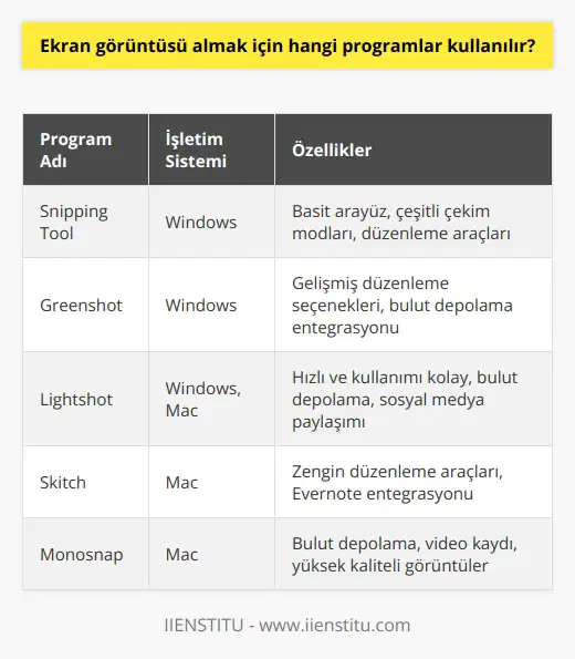 Windows için Ekran Görüntüsü almak için Snipping Tool, Greenshot, Lightshot, FastStone Capture, PicPick, CaptureWizPro, Screenshot Captor, Screenshoter ve Screenpresso gibi birçok program kullanılabilir. Mac için ise Ekran Görüntüsü almak için Grab, Skitch, Lightshot, Capto, Monosnap, Tailor, Capto ve CloudApp gibi programlar kullanılabilir.