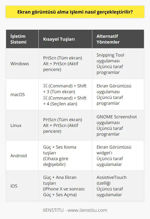Ekran görüntüsü alma işlemi, bilgisayar veya mobil cihazda, klavyede bulunan birkaç tuş kombinasyonuyla gerçekleştirilebilir. Windows için F8 veya PrtScn tuşu, Mac için ⌘ (komut) + Shift + 3 tuşlarına b ak yeterli olacaktır. Ekran görüntüsü alma işlemi için üçüncü taraf programlar da kullanılabilir.