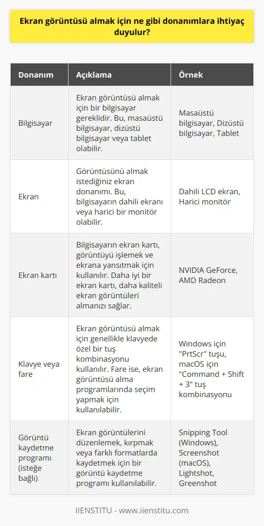 Ekran görüntüsü almak için, bir bilgisayara ve görüntüyü almak istediğiniz bir ekran donanımına ihtiyaç duyulur. Ayrıca, ekran görüntüsünü kaydetmek istiyorsanız, bir görüntü kaydetme programına da ihtiyaç duyulabilir.