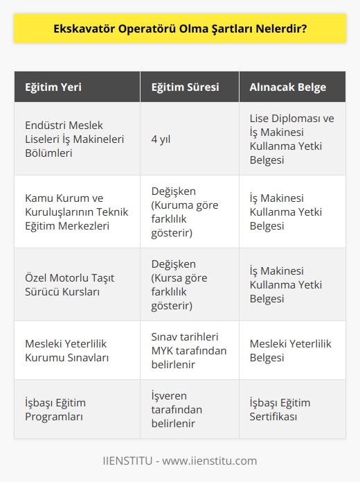 Ekskavatör operatörü olmak isteyen kişiler, endüstri meslek lisesi iş makineleri bölümlerinde eğitim almaları gerekir. Kamu kurum ve kuruluşlarının tekn nde eğitim vermekte olan kuruluşlara başvuruda bulunabilir ve özel motorlu taşıt sürücü kurslarına başvuru yapma şansları da vardır. Aldıkları eğitim sonunda başarılı olmaları halinde iş makinesi kullanma yetki belgesi verilir.