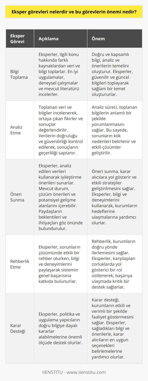 Eksper görevleri nelerdir?  Eksperler, bir konu veya sorun üzerine derin bilgi ve deneyime sahip kişilerdir. Eksperlerin temel görevleri arasında bilgi toplama, analiz etme ve öneri sunma süreçleri yer almaktadır. Aşağıda eksperlerin sorumlulukları hakkında daha fazla bilgi verilmektedir.  Bilgi toplama  Eksperler, ilgili konu hakkında verilere ve bilgilere ulaşarak farklı kaynaklardan veri toplarlar. Bu süreçte eksperler, alanlardaki en iyi uygulamaları, deneysel çalışmaları ve mevcut literatürü incelemek zorundadırlar.  Analiz etme  Toplanan veri ve bilgiler eksperler tarafından incelenerek, ortaya çıkan fikirler ve sonuçlar değerlendirilir. Bu değerlendirme sürecinde eksperler, verilerin doğruluğunu ve güvenilirliğini kontrol ederek, elde edilen sonuçların geçerliliğini saptarlar.  Öneri sunma  Eksperler, analiz edilen verileri kullanarak iyileştirme önerileri sunarlar. Bu öneriler mevcut durumu, çözüm önerileri ve potansiyel gelişme alanlarını içerebilir. Önerilerin sunulması sürecinde eksperlerin paydaşların beklentilerini ve ihtiyaçlarını göz önünde bulundurması önemlidir.  Eksper görevlerinin önemi nedir?  Eksper görevlerinin önemi, objektif ve doğru değerlendirmeler yapabilmek ve güvenilir önerilerle karar alıcılara yardımcı olabilmektir. İyi bir eksper, sorunların çözümünde etkili bir rehber olurken, aynı zamanda bilgi ve deneyimlerini paylaşarak sistemin genel başarısına katkıda bulunur. Ayrıca, eksperler politika ve uygulama yapıcıların doğru bilgiye dayalı kararlar alabilmelerine de önemli ölçüde destek olurlar. Eksperlerin görevleri, hedeflenen sonuçları elde etmek için etkili bir yol haritası sunarak, organizasyonların performansını artırmada kritik öneme sahiptir. Bu nedenle, eksper görevleri ve süreçleri doğru şekilde yerine getiren kritik öneme sahip durumlarda büyük etki sağlar ve başarılı sonuçlar elde edilmesine yardımcı olur.
