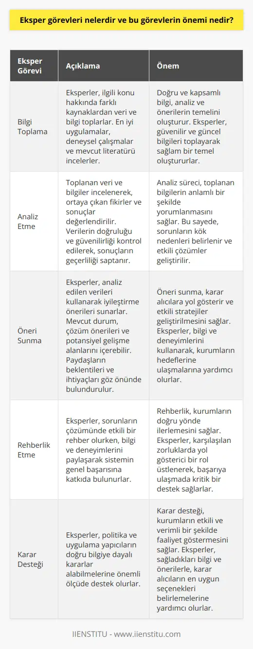 Eksper görevleri nelerdir?  Eksperler, bir konu veya sorun üzerine derin bilgi ve deneyime sahip kişilerdir. Eksperlerin temel görevleri arasında bilgi toplama, analiz etme ve öneri sunma süreçleri yer almaktadır. Aşağıda eksperlerin sorumlulukları hakkında daha fazla bilgi verilmektedir.  Bilgi toplama  Eksperler, ilgili konu hakkında verilere ve bilgilere ulaşarak farklı kaynaklardan veri toplarlar. Bu süreçte eksperler, alanlardaki en iyi uygulamaları, deneysel çalışmaları ve mevcut literatürü incelemek zorundadırlar.  Analiz etme  Toplanan veri ve bilgiler eksperler tarafından incelenerek, ortaya çıkan fikirler ve sonuçlar değerlendirilir. Bu değerlendirme sürecinde eksperler, verilerin doğruluğunu ve güvenilirliğini kontrol ederek, elde edilen sonuçların geçerliliğini saptarlar.  Öneri sunma  Eksperler, analiz edilen verileri kullanarak iyileştirme önerileri sunarlar. Bu öneriler mevcut durumu, çözüm önerileri ve potansiyel gelişme alanlarını içerebilir. Önerilerin sunulması sürecinde eksperlerin paydaşların beklentilerini ve ihtiyaçlarını göz önünde bulundurması önemlidir.  Eksper görevlerinin önemi nedir?  Eksper görevlerinin önemi, objektif ve doğru değerlendirmeler yapabilmek ve güvenilir önerilerle karar alıcılara yardımcı olabilmektir. İyi bir eksper, sorunların çözümünde etkili bir rehber olurken, aynı zamanda bilgi ve deneyimlerini paylaşarak sistemin genel başarısına katkıda bulunur. Ayrıca, eksperler politika ve uygulama yapıcıların doğru bilgiye dayalı kararlar alabilmelerine de önemli ölçüde destek olurlar. Eksperlerin görevleri, hedeflenen sonuçları elde etmek için etkili bir yol haritası sunarak, organizasyonların performansını artırmada kritik öneme sahiptir. Bu nedenle, eksper görevleri ve süreçleri doğru şekilde yerine getiren kritik öneme sahip durumlarda büyük etki sağlar ve başarılı sonuçlar elde edilmesine yardımcı olur.
