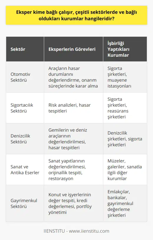 Eksperlerin Bağlı Olduğu Sektörler ve Kurumlar  Son yıllarda teknolojinin gelişmesi ve bireylerin yaşam standartlarının yükselmesiyle beraber, yeni meslekler ortaya çıkmaktadır. Bu mesleklerden biri olan eksper, kendi içerisinde birçok alana ayrılmakta ve geniş bir hizmet ağı sunmaktadır. Eksper, bir işin uzmanı olarak değerlendirilir ve o işle ilgili değerlendirme, yorum ve    süreçlerini gerçekleştirir. Günümüzde çok çeşitli sektörlerde görev alan eksperlerin bağlı oldukları sektörler ve kurumları incelemekte fayda vardır.  Otomotiv Sektörü  Eksper mesleği denildiğinde akla ilk olarak otomobil sektörü gelir. Bu sektörde eksperler, araçların hasar durumlarını değerlendirmekte ve onarım süreçlerinde kararlar almaktadır. Otomotiv alanında çalışan eksperler, çeşitli sigorta şirketleri ve muayene istasyonları ile işbirliği içerisindedir.  Sigortacılık Sektörü  Sigortacılık sektöründe görev alan eksperler, risk analizleri ve hasar tespitleri konusunda çalışmalar yürütür. Bu alanda çalışan eksperler, sigorta şirketlerinin yanı sıra reasürans şirketleri ile de işbirliği yapabilir.  Denizcilik Sektörü  Deniz sektöründe çalışan eksperler, gemilerin ve deniz araçlarının değerlendirilmelerini ve hasar tespitlerini gerçekleştirir. Bu eksperler, denizcilik şirketleri ve sigorta şirketleri ile birlikte çalışır.  Sanat ve Antika Eserler  Sanat alanında uzmanlaşmış eksperler, sanat yapıtlarının değerlendirilmesi, orijinallik tespiti ve restorasyon söz konusu olduğunda önemli rol oynarlar. Bu alanda çalışan eksperler genellikle müzeler, galeriler ve sanatla ilgili diğer kurumlarla bağlantılıdır.  Gayrimenkul Sektörü  Gayrimenkul sektöründe görev yapan eksperler, konut ve işyerlerinin değer tespiti, kredi değerlemesi ve portföy yönetimi yaparlar. Bu eksperler, emlakçılar, bankalar ve gayrimenkul değerleme şirketleri ile işbirliği içerisindedir.  Sonuç olarak, eksperler çeşitli sektörlerde ve bağlı oldukları kurumlarda önemli görevler üstlenirler. Her sektörün kendi dinamiklerini çözen ve süreçlerinde etkin kararlar alan eksperler, alanlarında uzmanlaşarak müşterilere danışmanlık ve değerlendirme hizmeti sunarlar. Bu sayede de eksper, günümüzde popüler ve tercih edilen bir meslek haline gelmiştir.
