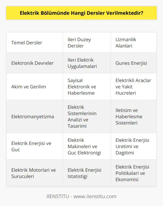 Elektrik Bölümünde verilen dersler arasında şunlar bulunmaktadır: Elektronik Devreler, Akım ve Gerilim, Elektrik Tesisatı Tasarımı, Sinyal İşleme, Elektromanyetizma, Elektrik Enerjisi ve Güç, Elektrik Motorları ve Sürücüleri, Güneş Enerjisi, Elektrikli Araçlar ve Yakıt Hücreleri, İletişim ve Haberleşme Sistemleri, Elektrik Enerjisi Dağıtım Sistemleri,    ve İnşaatı,  Yönetimi ve Etik, İleri  Uygulamaları, Sayısal Elektronik ve Haberleşme, Elektrik Sistemlerinin Analizi ve Tasarımı, Elektrik Altyapısı Yönetimi, Elektrik Enerjisi Üretimi ve Dağıtımı, Elektrik Enerjisi Güvenliği, Elektrik Tesisatı İşletim ve Bakımı,  Yönetimi ve Etik, Elektrik Makineleri ve Güç Elektroniği, Elektrik Enerjisi İstatistiği, Elektrik Enerjisi Politikaları ve Ekonomisi.
