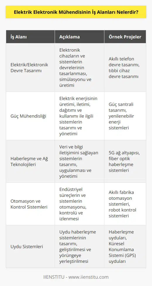 Elektrik Elektronik Mühendisleri, çeşitli alanlarda çeşitli projeler üretmek ve bunların uygulanmasını sağlamak için çalışmaktadır. Elektrik Elektronik Mühendisliği alanındaki iş alanları arasında aşağıdaki alanlar bulunmaktadır: • Elektrik/Elektronik Devre Tasarımı • Güç Mühendisliği • Sinyal İşleme • Haberleşme ve Ağ Teknolojileri • Bilgisayar Mühendisliği • Otomasyon ve Kontrol Sistemleri • Robotik • • Elektromekanik Sistemler • İnsan-Makine Arayüzü Tasarımı • Uydu Sistemleri • • Güvenlik Sistemleri