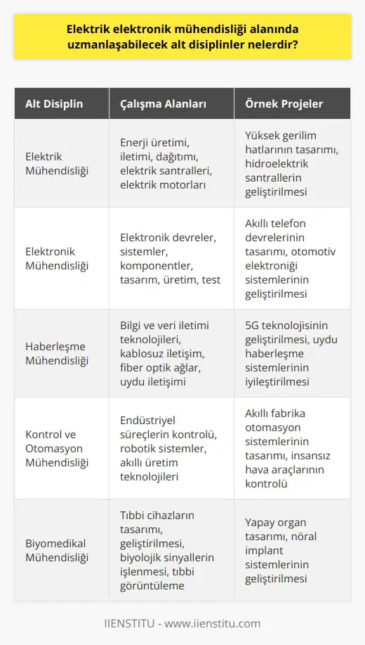 Elektrik Elektronik Mühendisliği Alt Disiplinleri  Elektrik elektronik mühendisliği alanında uzmanlaşabilecek alt disiplinler, temel olarak   ,    olmak üzere üçe ayrılır. Bu alt disiplinlerde, elektrik ve elektronik akımla işleyen sistemlerin üretimi, aletlerin geliştirilmesi ve elektrik iletimi, dağıtım ve üretim gibi alanlarda çalışmalar yürütülür. Aynı zamanda, bu mühendislik dalının kapsamındaki roller, çeşitli sektörlerde farklı görevleri kapsar.    , enerji üretimi ve iletimi alanlarında uzmanlaşan mühendislik disiplinidir. Bu alanda çalışan mühendisler, elektrik santralleri ve enerji iletim sistemlerinin tasarımı, geliştirilmesi, bakımı ve denetimi ile ilgilenirler. Aynı zamanda elektrik motorları, radar ve navigasyon sistemleri gibi elektrikli araçların tasarımına ve geliştirmesine katkıda bulunurlar.   Elektronik Mühendisliği  Elektronik mühendisliği, elektronik devreler ve sistemlerin tasarımı ve analizi üzerine yoğunlaşan bir alt disiplindir. Bu alanda çalışan mühendisler, elektronik komponentler, devreler ve sistemlerin tasarımı, üretimi ve test edilmesi süreçlerinde rol alır. Ayrıca, otomobil ve uçak tasarımları gibi farklı sektörlerde elektronik sistemlerin geliştirilmesine katkıda bulunurlar.  Haberleşme Mühendisliği  Haberleşme mühendisliği, bilgi ve veri iletimi teknolojilerinin tasarımı, geliştirilmesi ve analizine odaklanan bir disiplindir. Bu alanın mühendisleri, telekomünikasyon sektöründeki şirketlerde çalışarak, kablosuz iletişim sistemleri, fiber optik ağlar ve uydu iletişim sistemleri gibi teknolojileri geliştirir ve iyileştirirler.  Sonuç olarak, elektrik elektronik mühendisliği alanında uzmanlaşabilecek alt disiplinler; , elektronik mühendisliği ve haberleşme mühendisliği olmak üzere üç ana kategoriye ayrılır. Bu disiplinlerdeki mühendisler, enerji, elektronik ve iletişim teknolojileri üzerine çalışmalarını sürdürerek, farklı sektörlerdeki ihtiyaçlara çözümler sunmaktadır.