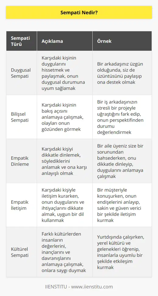 Sempati karşıdaki kişinin duygularını hissetmek, o ağladığında ağlamak, sevindiğinde ise sevinmektir. Yani olayı kendi gözünüzle değil, onun gözüyle görmektir.