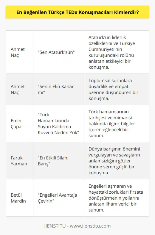 Bizim ülkemizde de yer verilen TEDx organizasyonlarında birbirinden değerli konuşmacıları dinledik. En beğenilenleri hemen belirtelim: Ahmet Naç- Sen Atatürk`sün, Senin Elin Kanar mı, Emin Çapa- Türk Hamamlarında Suyun Kaldırma Kuvveti Neden Yok, Faruk Yarman- En Etkili Silah: Barış, Betül Mardin- Engelleri Avantaja Çevirin.