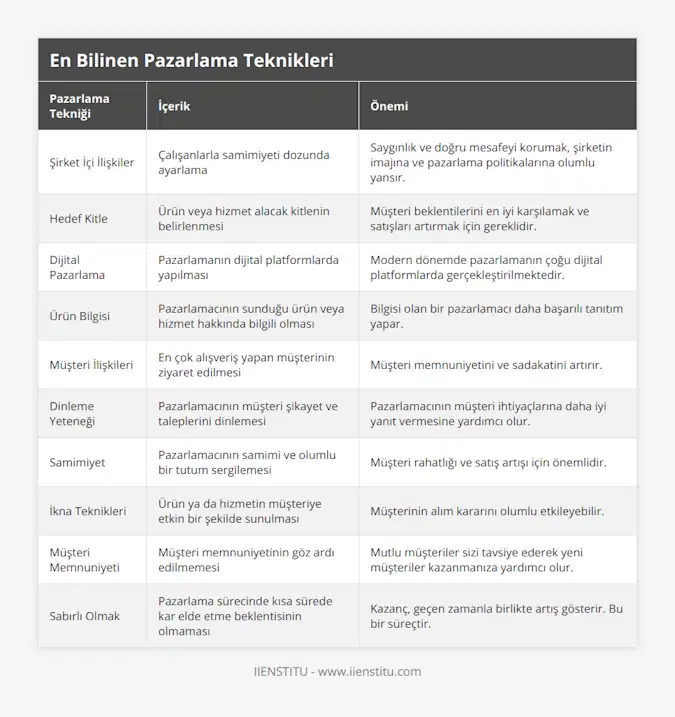 Şirket İçi İlişkiler, Çalışanlarla samimiyeti dozunda ayarlama, Saygınlık ve doğru mesafeyi korumak, şirketin imajına ve pazarlama politikalarına olumlu yansır, Hedef Kitle, Ürün veya hizmet alacak kitlenin belirlenmesi, Müşteri beklentilerini en iyi karşılamak ve satışları artırmak için gereklidir, Dijital Pazarlama, Pazarlamanın dijital platformlarda yapılması, Modern dönemde pazarlamanın çoğu dijital platformlarda gerçekleştirilmektedir, Ürün Bilgisi, Pazarlamacının sunduğu ürün veya hizmet hakkında bilgili olması, Bilgisi olan bir pazarlamacı daha başarılı tanıtım yapar, Müşteri İlişkileri, En çok alışveriş yapan müşterinin ziyaret edilmesi, Müşteri memnuniyetini ve sadakatini artırır, Dinleme Yeteneği, Pazarlamacının müşteri şikayet ve taleplerini dinlemesi, Pazarlamacının müşteri ihtiyaçlarına daha iyi yanıt vermesine yardımcı olur, Samimiyet, Pazarlamacının samimi ve olumlu bir tutum sergilemesi, Müşteri rahatlığı ve satış artışı için önemlidir, İkna Teknikleri, Ürün ya da hizmetin müşteriye etkin bir şekilde sunulması, Müşterinin alım kararını olumlu etkileyebilir, Müşteri Memnuniyeti, Müşteri memnuniyetinin göz ardı edilmemesi, Mutlu müşteriler sizi tavsiye ederek yeni müşteriler kazanmanıza yardımcı olur, Sabırlı Olmak, Pazarlama sürecinde kısa sürede kar elde etme beklentisinin olmaması, Kazanç, geçen zamanla birlikte artış gösterir Bu bir süreçtir