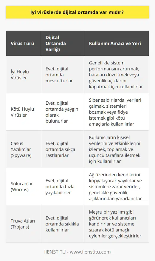 Kötü olan virüslerin elbette karşılığında iyi olanları da vardır. Hepsinin kullanım amacı ve yeri farklıdır. Siber saldırılarda genellikle kötü huylu yazılımlar tercih edilir.