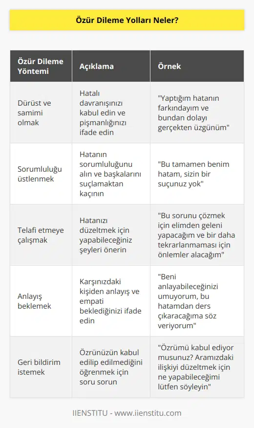 Basit ve sade bir dille üzgün olduğunuzu belirtin Problemi çözmek için ne yapacağınızı söyleyin ve bir daha olmasın O insana özrünüzü kabul edip etmeyeceğini sorarak sonlandırın