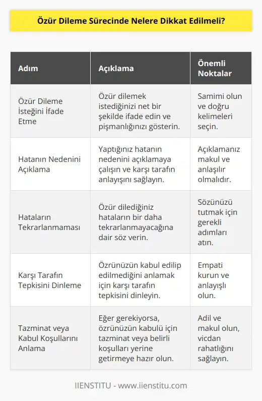 1. Öncelikle özür dilemek isteği sözcüklerle ifade edilmelidir. 2. Özrün sebebini bir şekilde açıklamaya çalışılmalı ve karşılıklı anlaşmaya varılmalıdır. 3. Özür dileme sırasında yapılan hataların tekrarlanmamasına dikkat edilmeli. 4. Özrün kabul edilip edilmediğini net bir şekilde anlamak için, karşı tarafın tepkisini dinlemeli ve ona göre hareket etmeliyiz. 5. Özür dileme sürecinde, kişinin vicdanını rahatlatacak şekilde, tazminat veya özrün kabulünün koşullarını anlamalıyız. 6. Özür dileme sırasında duygularınızı kontrol edin ve sabırlı olun. 7. Özür dileme sürecinde ve özür dileme sürecinin hayatınızın bir parçası olmasını kabul etmek önemlidir.