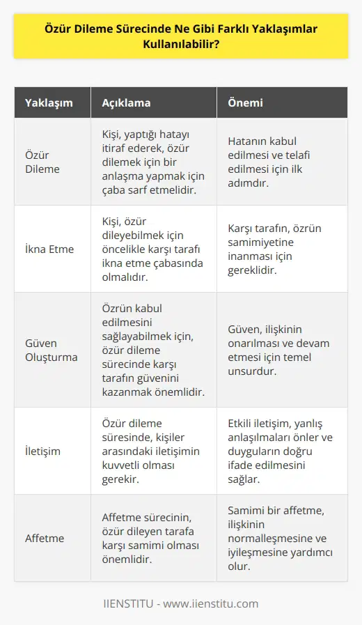 1. Özür dileme: Kişi, yaptığı hatayı itiraf ederek, özür dilemek için bir anlaşma yapmak için çaba sarf etmelidir. 2. İkna etme: Kişi, özür dileyebilmek için öncelikle karşı tarafı ikna etme çabasında olmalıdır. 3. Güven Oluşturma: Özrün kabul edilmesini sağlayabilmek için, özür dileme sürecinde karşı tarafın güvenini kazanmak önemlidir. 4. İletişim: Özür dileme süresinde, kişiler arasındaki iletişimin kuvvetli olması gerekir. 5. Affetme: Affetme sürecinin, özür dileyen tarafa karşı samimi olması önemlidir. 6. Özür Dilemeyi Kabul Etmek: Özür dileme sürecini, özür dilemeyi kabul etme ile sonuçlandırmak gerekir.