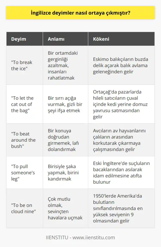 İngilizce dilini kullanan farklı milletlerin günlük yaşamlarında geçmişten günümüze kadar karşılaşılan durumları anlatacak sözlerle ortaya çıkmıştır. Her geçen zaman dilimi yeni deyimleri dile kazandırmaktadır. Zamanın ve toplumun deyimler üzerinde etkisi bu şekilde gerçekleşmektedir.