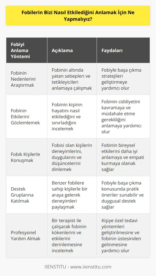 Fobilerin etkilerini anlamak için, fobiyi anlamaya çalışmak ve bunun nedenlerini araştırmak önemlidir. Fobilerin nedenleri ve sonuçlarının anlaşılması, fobiyle baş etme stratejilerinin geliştirilmesine yardımcı olacaktır. Ayrıca, fobilerin köklerini anlamaya çalışmak ve bunların nasıl etkilediğini gözlemlemek, fobiyi anlamanın en etkili yollarından biridir. Fobileri anlamak için, fobik kişilerin duygularını ve düşüncelerini gözlemlemek, neyin fobiyi tetiklediğini anlamak ve fobik kişilerle konuşmak da çok yararlı olabilir. Kişinin fobiyi anlamasına yardımcı olacak destek gruplarına veya bir terapist ile çalışmaya da başvurulabilir.