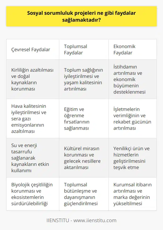 Sosyal sorumluluk projeleri insanlara çevresel, toplumsal ve ekonomik faydalar sağlamaktadır. Çevresel faydalar arasında kirliliğin azaltılması, hava kalitesinin iyileştirilmesi, su tasarrufu ve enerji tasarrufu gibi faydalar sayılabilir. Toplumsal faydalar arasında ise toplumun sağlığının iyileştirilmesi, kültürel mirasın korunması ve ekonomik gelişmeyi destekleyen sosyal yardımlar sayılabilir. Ekonomik faydalar arasında ise ın artırılması, işletmelerin verimliliğinin artması ve istihdamın arttırılması gibi faydalar sayılabilir.
