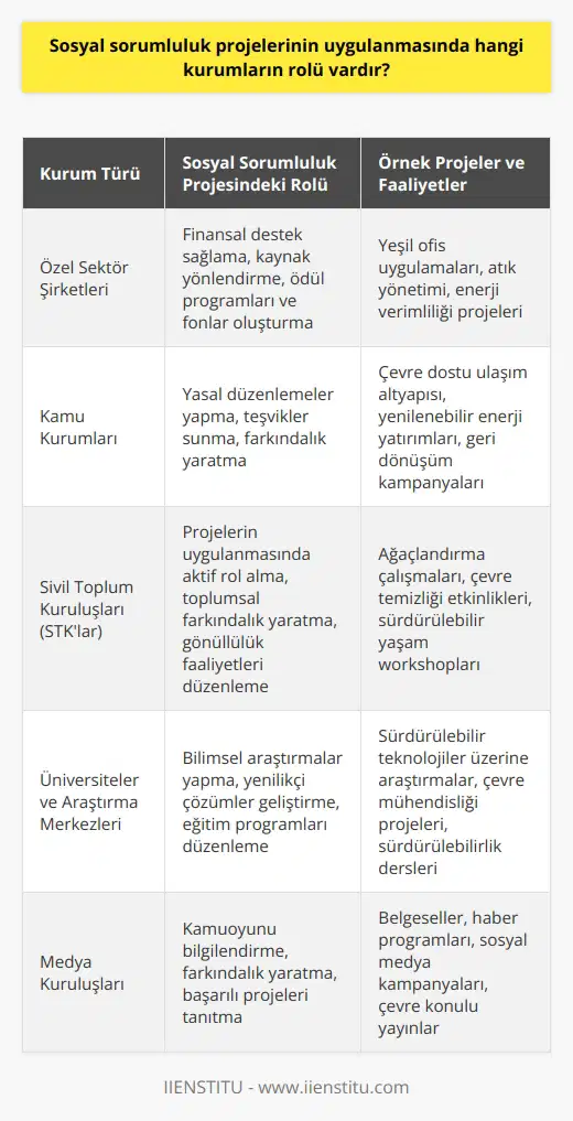 Kurumlar, sosyal sorumluluk projelerinin başarılı bir şekilde uygulanmasının önemli bir parçasıdır. Kurumlar, çevreye dost çözümler üretmeyi ve sürdürülebilir bir gelecek inşa etmeyi desteklemek amacıyla sosyal sorumluluk projelerine katılmayı destekleyebilir.  Kurumlar, sosyal sorumluluk projelerinden yararlanmak için çeşitli yolları kullanabilir. Örneğin, kurumların sosyal sorumluluk projelerinde çeşitli kaynakları yönlendirmesi veya çeşitli ödül programları ve fonları desteklemeleri mümkündür. Kurumlar, çalışanlarına sürdürülebilir bir gelecek inşa etme konusunda eğitim ve staj programları da sağlayabilir. Kurumlar, ayrıca çevre konularına karşı aktif olarak konuşmalarını ve çalışmalarını destekleyebilir.