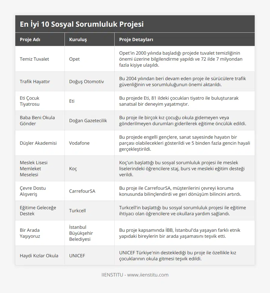 Temiz Tuvalet, Opet, Opet'in 2000 yılında başladığı projede tuvalet temizliğinin önemi üzerine bilgilendirme yapıldı ve 72 ilde 7 milyondan fazla kişiye ulaşıldı, Trafik Hayattır, Doğuş Otomotiv, Bu 2004 yılından beri devam eden proje ile sürücülere trafik güvenliğinin ve sorumluluğunun önemi aktarıldı, Eti Çocuk Tiyatrosu, Eti, Bu projede Eti, 81 ildeki çocukları tiyatro ile buluşturarak sanatsal bir deneyim yaşatmıştır, Baba Beni Okula Gönder, Doğan Gazetecilik, Bu proje ile birçok kız çocuğu okula gidemeyen veya gönderilmeyen durumları giderilerek eğitime öncülük edildi, Düşler Akademisi, Vodafone, Bu projede engelli gençlere, sanat sayesinde hayatın bir parçası olabilecekleri gösterildi ve 5 binden fazla gencin hayali gerçekleştirildi, Meslek Lisesi Memleket Meselesi, Koç, Koç'un başlattığı bu sosyal sorumluluk projesi ile meslek liselerindeki öğrencilere staj, burs ve mesleki eğitim desteği verildi, Çevre Dostu Alışveriş, CarrefourSA, Bu proje ile CarrefourSA, müşterilerini çevreyi koruma konusunda bilinçlendirdi ve geri dönüşüm bilincini artırdı, Eğitime Geleceğe Destek, Turkcell, Turkcell'in başlattığı bu sosyal sorumluluk projesi ile eğitime ihtiyacı olan öğrencilere ve okullara yardım sağlandı, Bir Arada Yaşıyoruz, İstanbul Büyükşehir Belediyesi, Bu proje kapsamında İBB, İstanbul'da yaşayan farklı etnik yapıdaki bireylerin bir arada yaşamasını teşvik etti, Haydi Kızlar Okula, UNICEF, UNICEF Türkiye'nin desteklediği bu proje ile özellikle kız çocuklarının okula gitmesi teşvik edildi