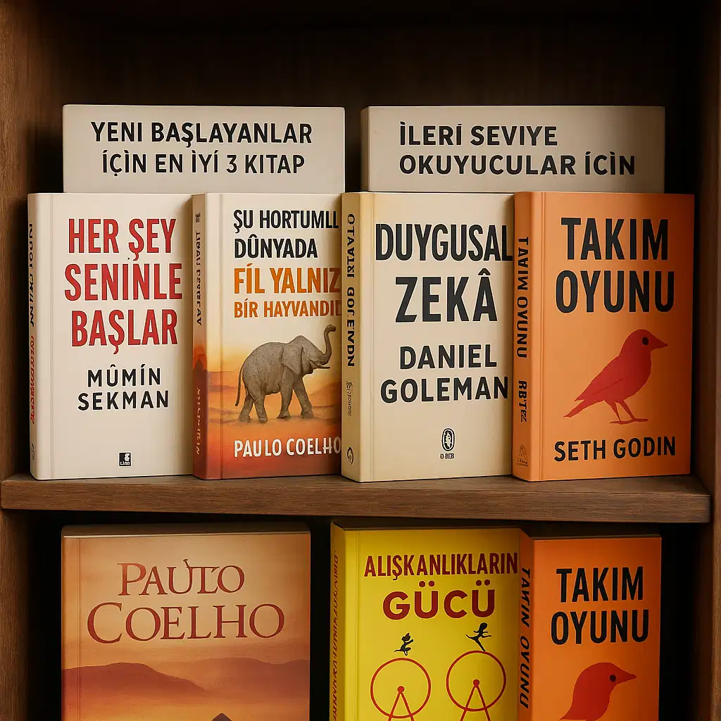 Yeni Başlayanlar İçin En İyi 3 Kitap: Her Şey Seninle Başlar – Mümin Sekman  Şu Hortumlu Dünyada Fil Yalnız Bir Hayvandır – A. Şerif İzgören  Simyacı – Paulo Coelho &  İleri Seviye Okuyucular İçin: Duygusal Zekâ – Daniel Goleman  Alışkanlıkların Gücü – Charles Duhigg  Takım Oyunu – Seth Godin