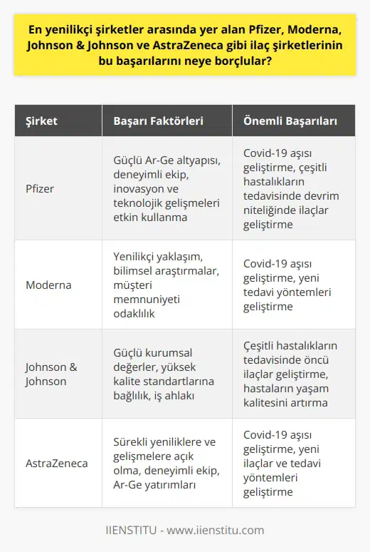 İlaç şirketlerinin başarılı olmasının altında yatan faktörler arasında, inovasyon ve teknolojik gelişmeleri başarılı bir şekilde kullanabilmeleri bulunmaktadır. Bu alanda Pfizer, Moderna, Johnson & Johnson ve AstraZeneca gibi şirketler başarılı letmelerdendi. Özellikle Covid-19 pandemisi sırasında bu firmalar geliştirdikleri aşılarla tüm dünyada büyük bir başarı yakaladılar. Bunun yanı sıra, bu şirketlerin başarılarının altında güçlü bir Ar-Ge altyapısı ve deneyimli bir ekip yatmaktadır. Pfizer, Moderna, Johnson & Johnson ve AstraZeneca şirketleri, bilimsel araştırmalar ve klinik deneyler vasıtasıyla, hastalıkların tedavisine, yeni tedavi yöntemlerine ve hastaların yaşam kalitesinin artırılmasına yönelik ilerlemeler sağlamışlardır. Bu ilaç devleri, çeşitli hastalıkların tedavisinde devrim niteliği taşıyan ilaçları geliştirerek, sağlık sektöründe yenilikçilik konusunda öncü olmuşlardır. Yeni ilaçlar ve tedavi yöntemleri geliştirebilmek için sürekli yeniliklere ve gelişmelere açık olan bu şirketler, bu sayede sürekli olarak bir adım önde olmuşlardır. Ayrıca, bu şirketlerin başarısında, tıbbi ilerlemeler ve ilaç geliştirmenin yanı sıra, ise anlayışı, iş ahlakı, müşteri memnuniyeti odaklılık ve yüksek kalite standartlarına bağlılık gibi kurumsal değerlerin de önemli bir rol oynadığı görülmektedir. Sonuç olarak, Pfizer, Moderna, Johnson & Johnson ve AstraZeneca gibi ilaç devlerinin başarıları, inovasyon ve teknolojiyi etkili bir şekilde kullanmaları, güçlü bir Ar-Ge altyapısına sahip olmaları, deneyimli bir ekip ile çalışmaları ve yüksek kalite standartlarına bağlı kalarak, müşteri memnuniyeti odaklı bir anlayış sergilemeleri sayesinde gerçekleşmiştir.