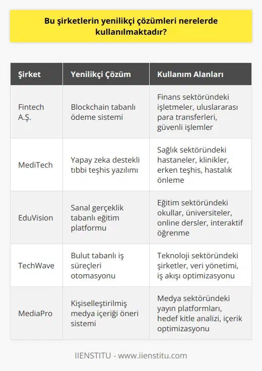 Bu şirketlerin yenilikçi çözümleri genellikle finans, sağlık, eğitim, teknoloji, medya, e-ticaret ve diğer çeşitli sektörlerdeki işletmeler tarafından kullanılmaktadır. Bu çözümler tüm dünyada yaygın olarak kullanılmaktadır.