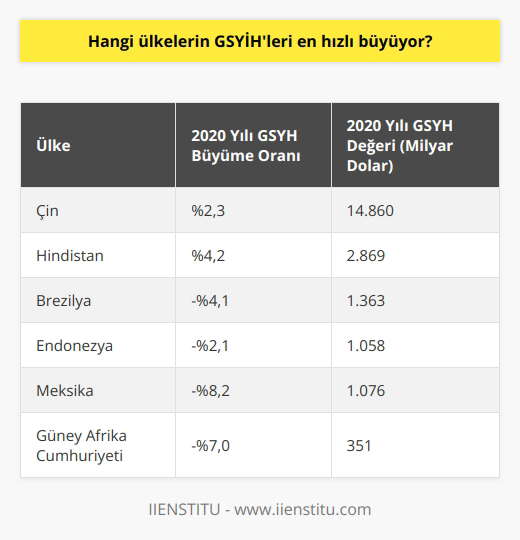 2020 yılı itibariyle, GSYİHleri en hızlı büyüyen ülkeler arasında Çin, Hindistan, Brezilya, Endonezya, Meksika ve Güney Afrika Cumhuriyeti bulunmaktadır.