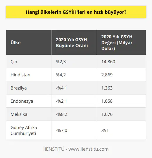2020 yılı itibariyle, GSYİHleri en hızlı büyüyen ülkeler arasında Çin, Hindistan, Brezilya, Endonezya, Meksika ve Güney Afrika Cumhuriyeti bulunmaktadır.